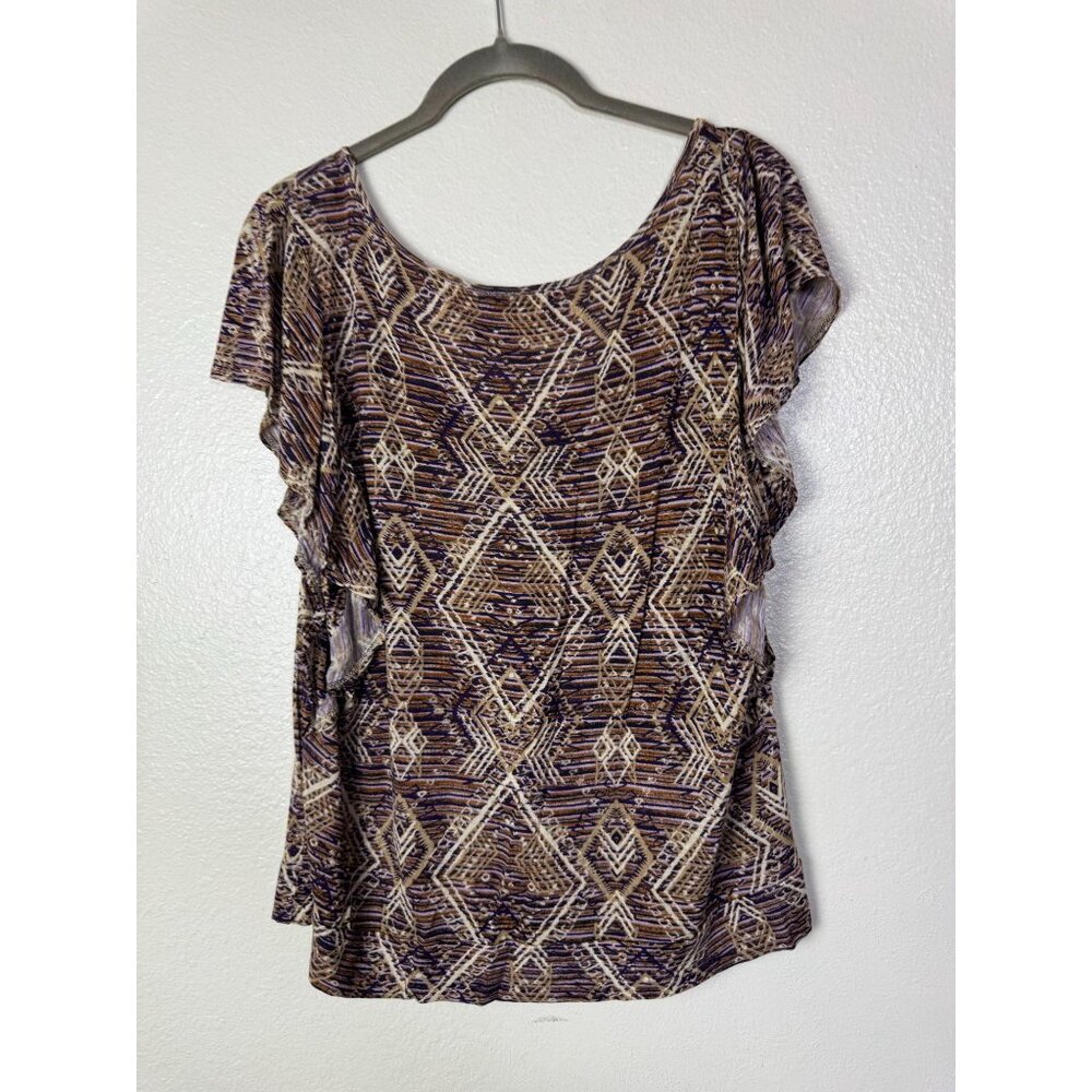 Lucky Brand Womens Geometric Short Sleeve Blouse Top Size Large Boho Peasant - Picture 2 of 11